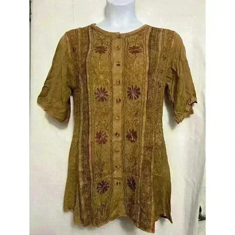Womens India Pakistan Golden Long Shirt Embroidered 1/2 Sleeve Tie Back Mid 0067